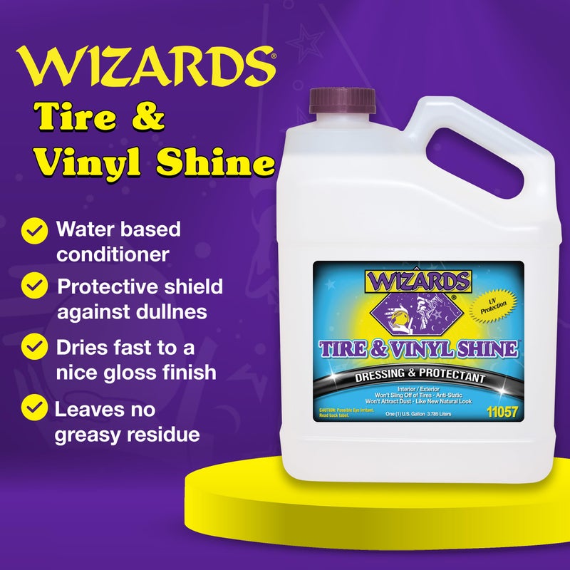 WIZARDS سحر - رذاذ لمعان الفينيل والإطارات، معالجة وحماية الإطارات، رذاذ تفصيل احترافي، لا يتناثر، رذاذ تفصيل سيارات مضاد للكهرباء الساكنة، يحافظ على مظهر الإطارات والفينيل كالجديد، منتجات العناية بالسيارات، 1 جالون - Image 2